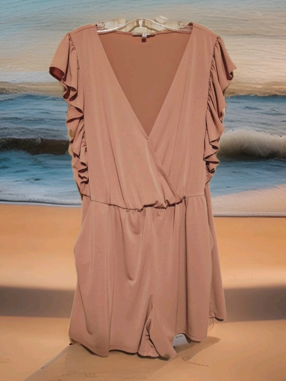 BCBG Generation Romper Nude Pink Ruffle Stretch Sz L